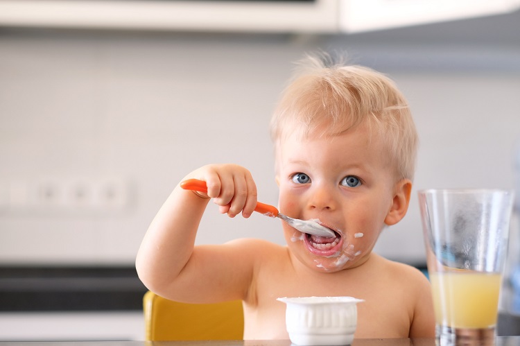 Adorable one year old baby boy eating yoghurt with spoon
