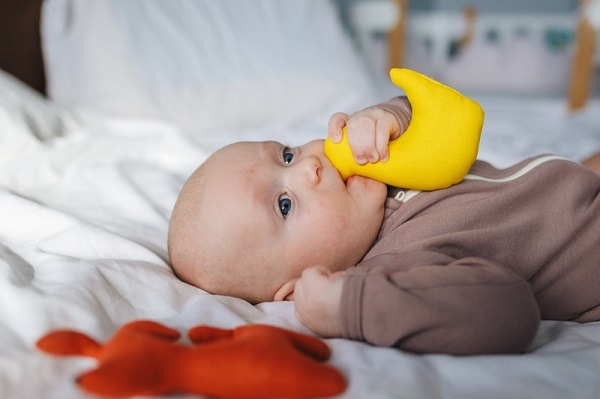 Cute newborn with toy duck in mouth lying on bed